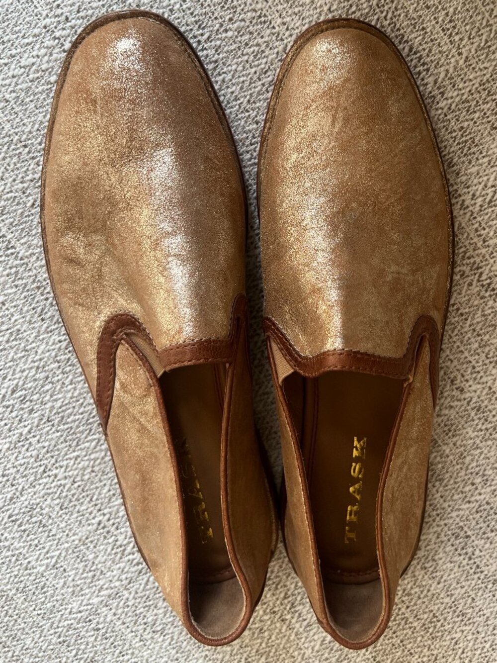 Gold leather slip on shoes Trask size 7M